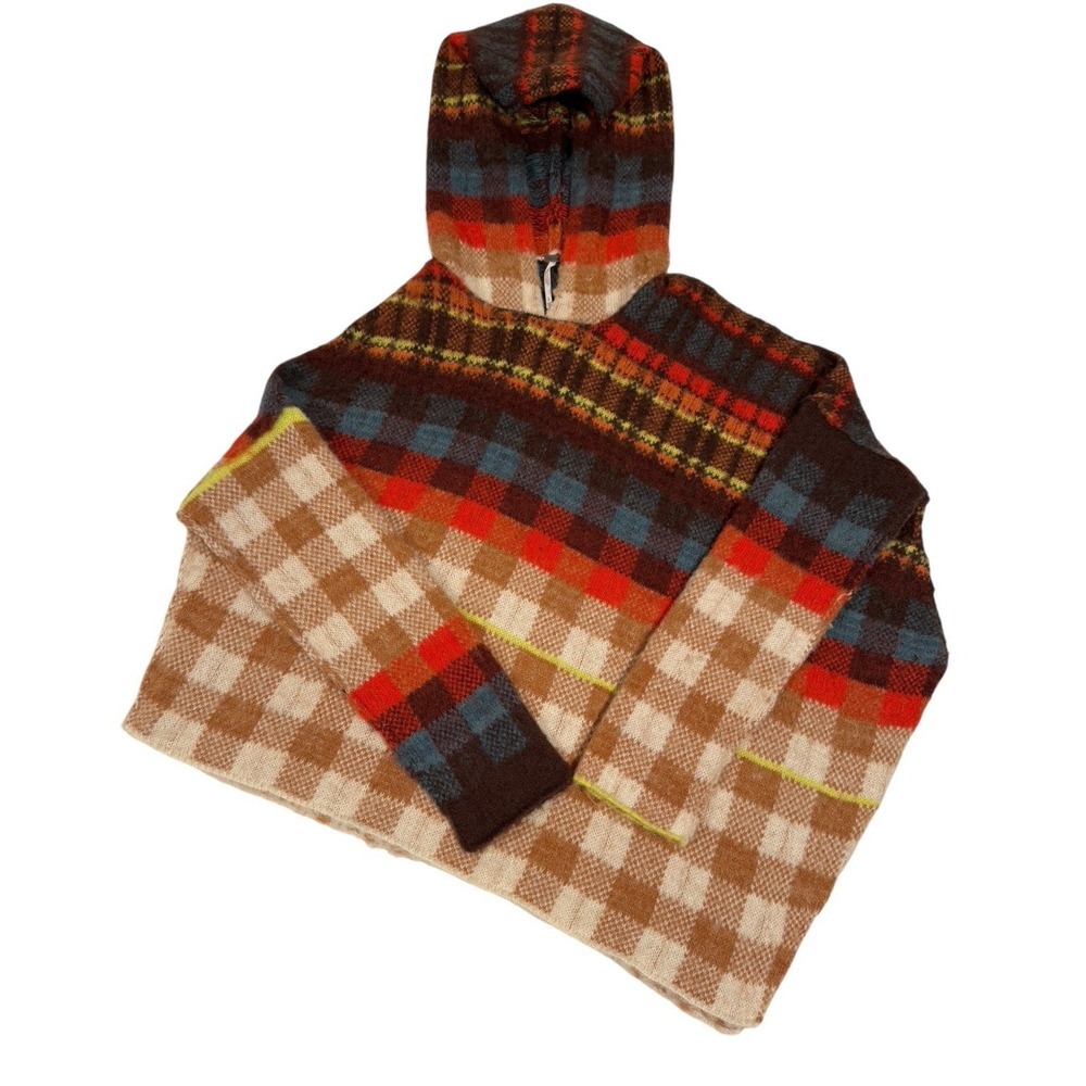 Free People Ainsley Poncho Hooded Plaid Asymmetric Hem Apple Cider‎ Size S/P